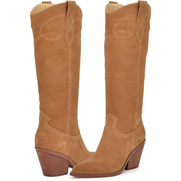 ⚡Women's Brown Knee High Cowboy Western Boots Pointed Toe and Block Heel Suede - Picture 2 of 6